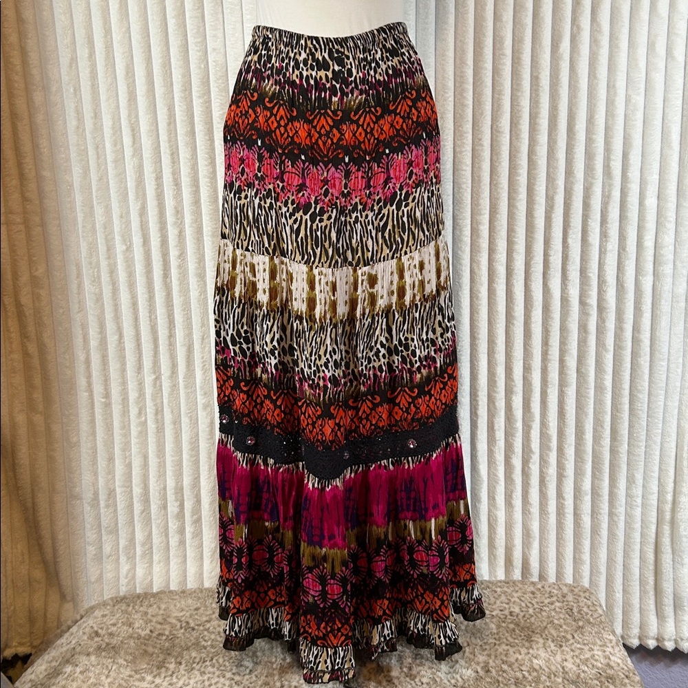 Forbidden Los Angeles tiered maxi skirt multi-colored animal patchwork print. M